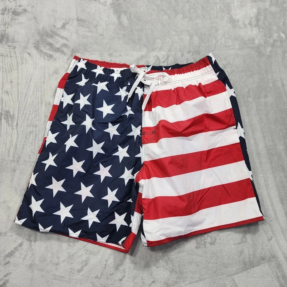 Faded Glory Swim Trunks Mens L Red White‎ Blue USA Flag Patriotic Lined Pockets